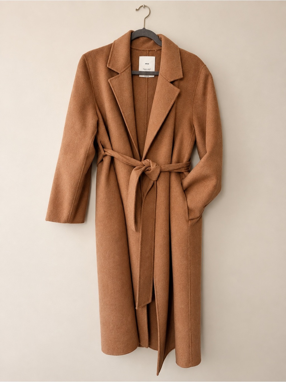 Mango Handmade Wool Blend Belted Coat Camel M Woven Tie-Waist Long Robe Coat